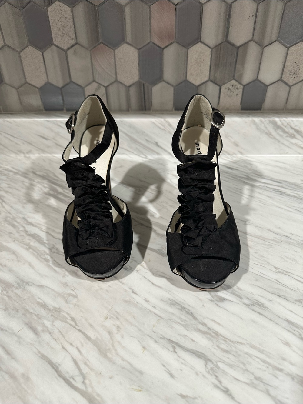 Madden Girl Black Ruffled Ankle-Strap Heels